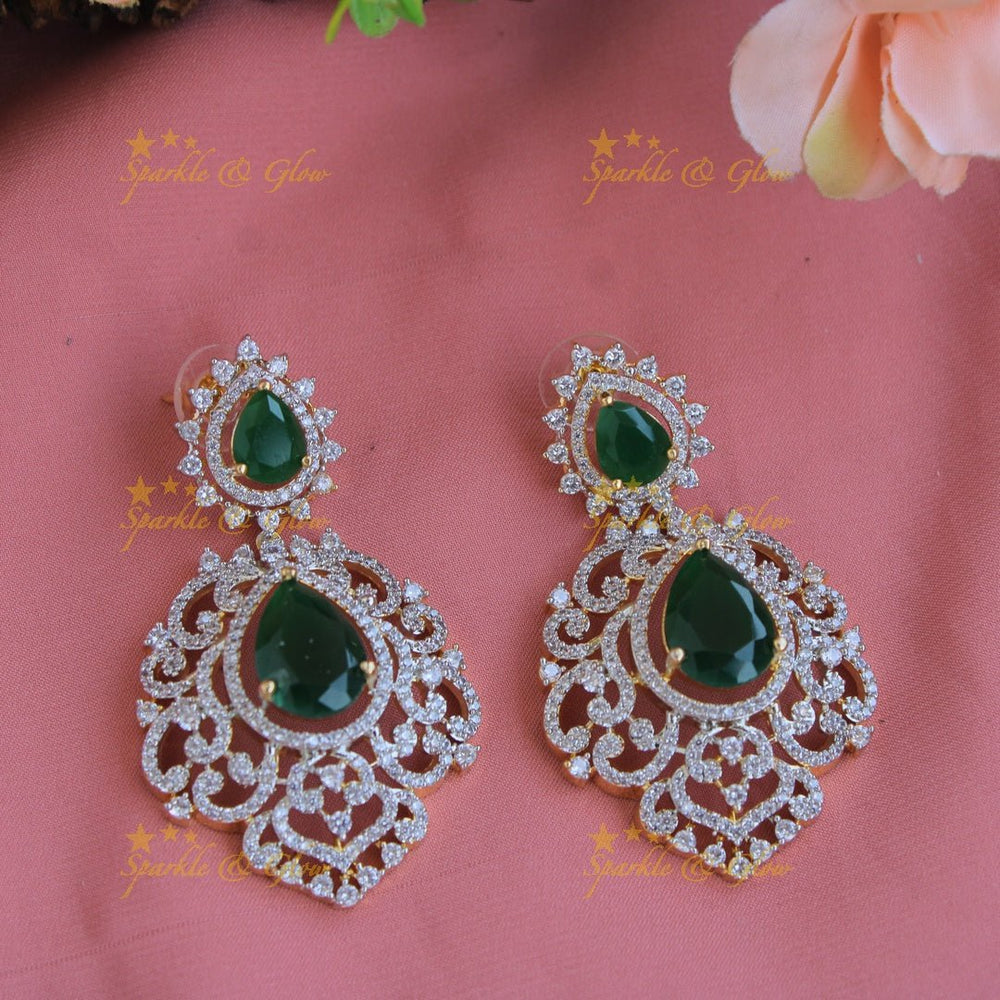 Exclusive floral design American diamond long necklace with emerald with maang tikka - Sparkle and Glow - Back Thread - 
