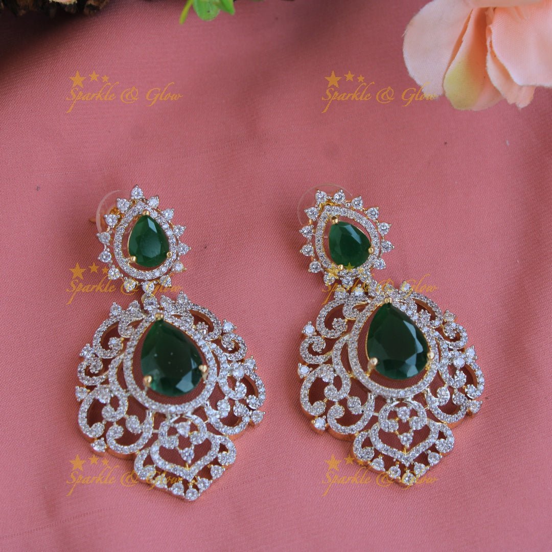 Exclusive floral design American diamond long necklace with emerald with maang tikka - Sparkle and Glow - Back Thread - 