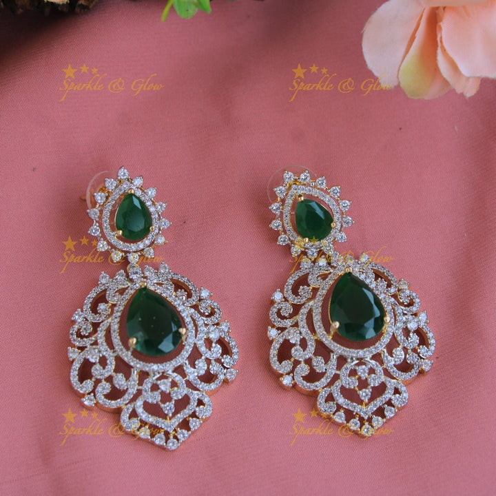 Exclusive floral design American diamond long necklace with emerald with maang tikka - Sparkle and Glow - Back Thread - 