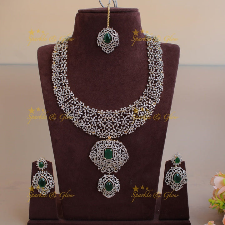 Exclusive floral design American diamond long necklace with emerald with maang tikka - Sparkle and Glow - Back Thread - 