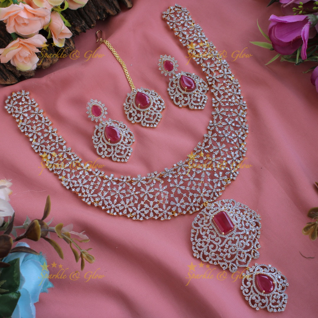 Exclusive floral design American diamond long necklace with ruby with maang tikka - pink