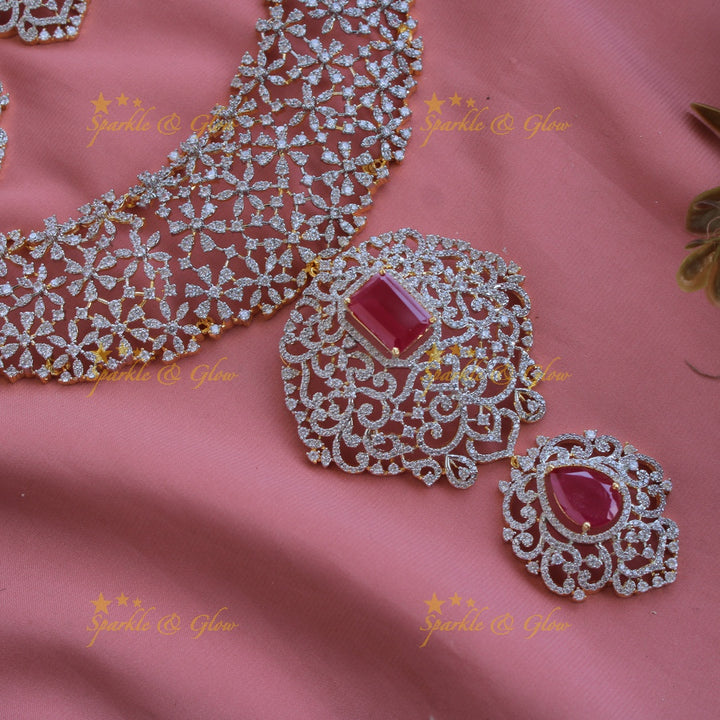 Exclusive floral design American diamond long necklace with ruby with maang tikka - pink