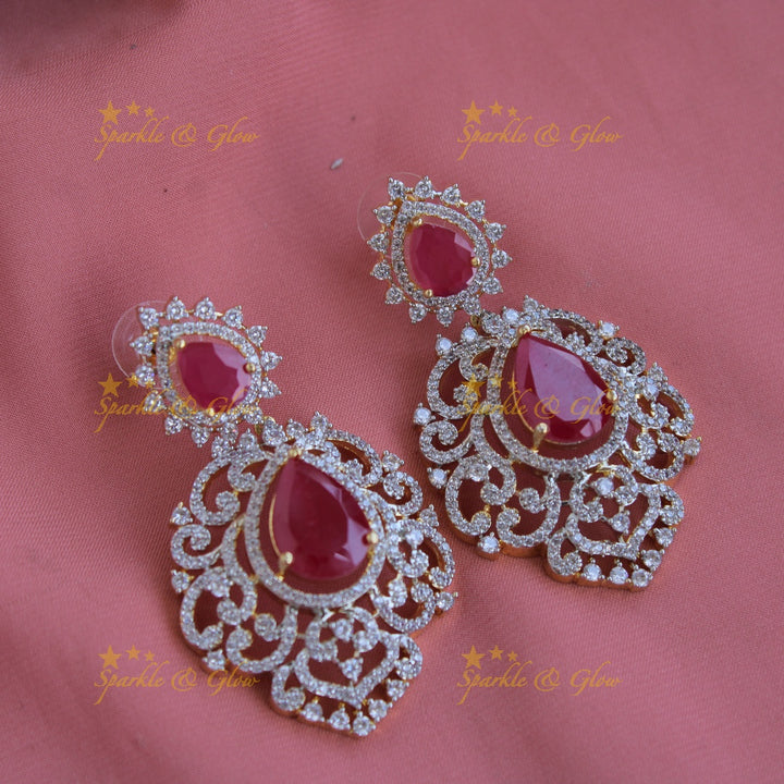 Exclusive floral design American diamond long necklace with ruby with maang tikka - pink