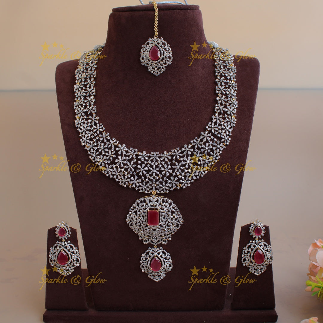 Exclusive floral design American diamond long necklace with ruby with maang tikka - pink