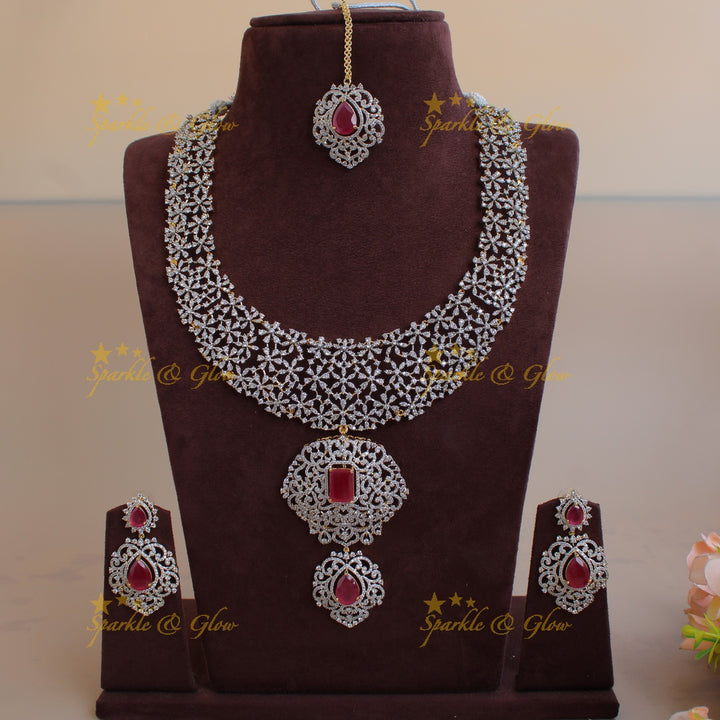 Exclusive floral design American diamond long necklace with ruby with maang tikka - pink