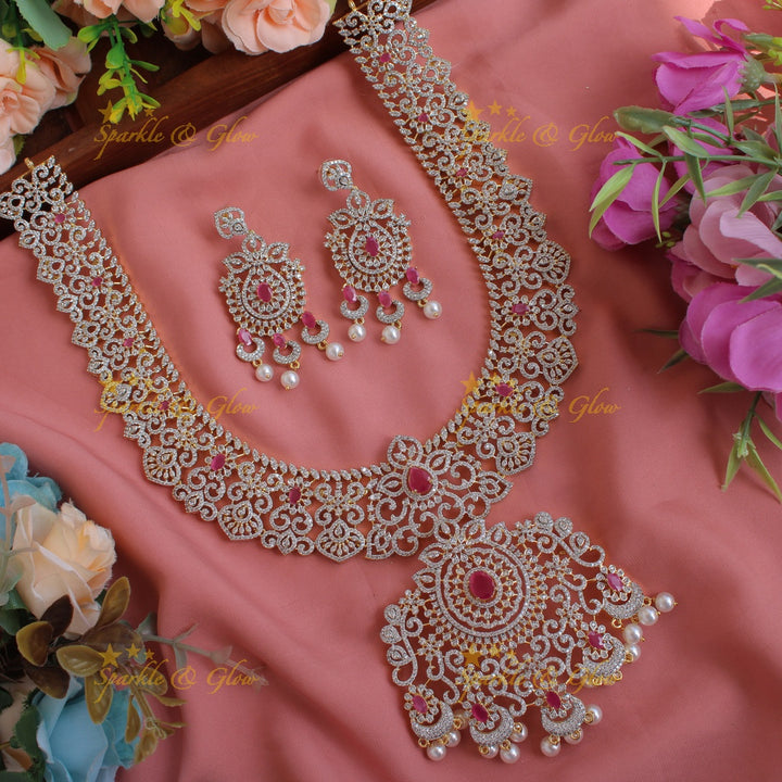 Grand floral leaf design American diamond long necklace with emerald and pearl drops - green