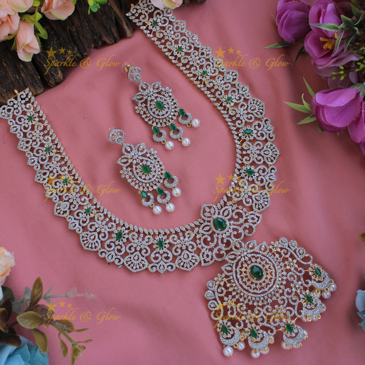 Grand floral leaf design American diamond long necklace with emerald and pearl drops - green