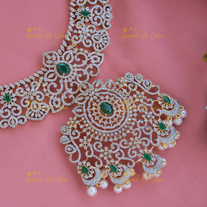 Grand floral leaf design American diamond long necklace with emerald and pearl drops - green