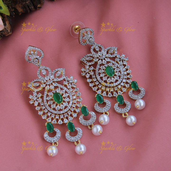 Grand floral leaf design American diamond long necklace with emerald and pearl drops - green