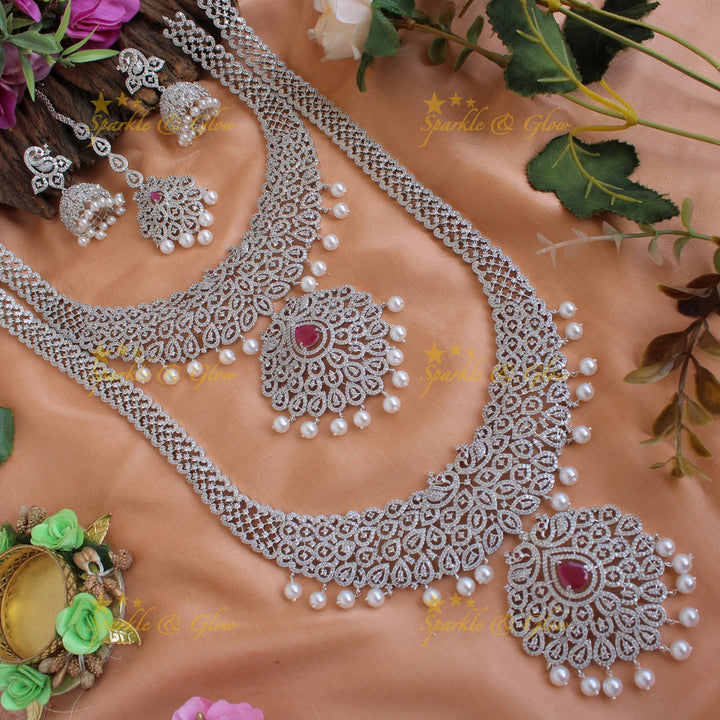 Gorgeous Peacock design American diamond silver poslish necklace set with maang tikka pealrs and emerald-green