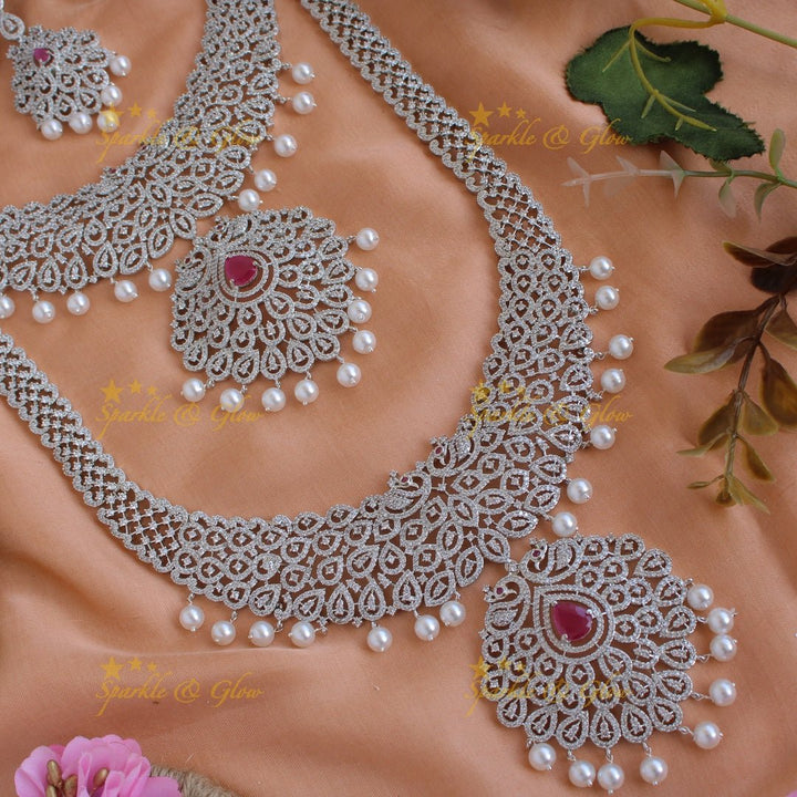 Gorgeous Peacock design American diamond silver poslish necklace set with maang tikka pealrs and ruby - Sparkle and Glow - Back Thread - 