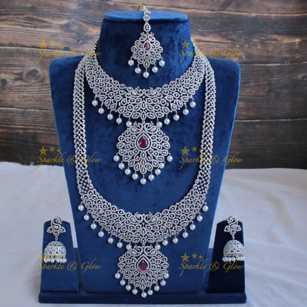 Gorgeous Peacock design American diamond silver poslish necklace set with maang tikka pealrs and ruby - Sparkle and Glow - Back Thread - 