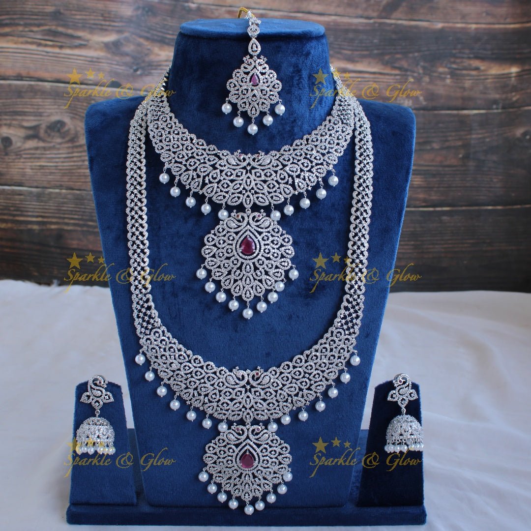 Gorgeous Peacock design American diamond silver poslish necklace set with maang tikka pealrs and ruby - Sparkle and Glow - Back Thread - 