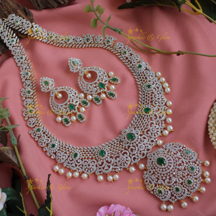 Stunning Floral leaf design American diamond long necklace with pealrs and emerald - green - Sparkle and Glow