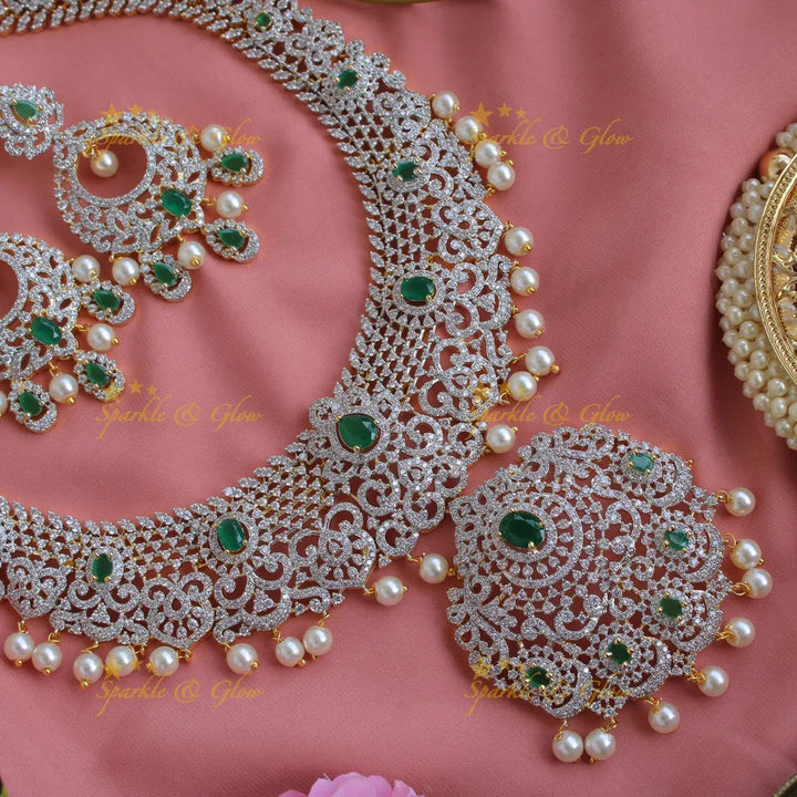 Stunning Floral leaf design American diamond long necklace with pealrs and emerald - green - Sparkle and Glow