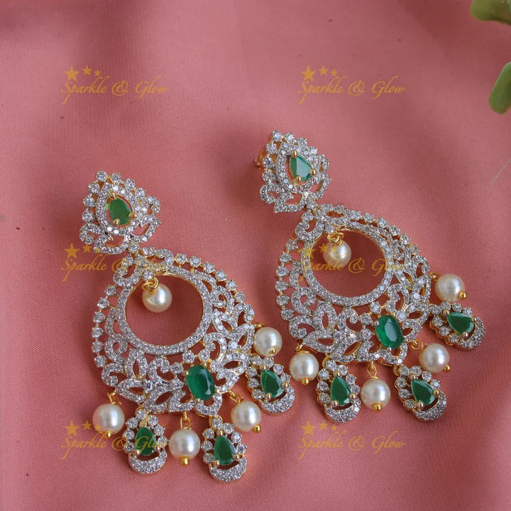 Stunning Floral leaf design American diamond long necklace with pealrs and emerald - green - Sparkle and Glow