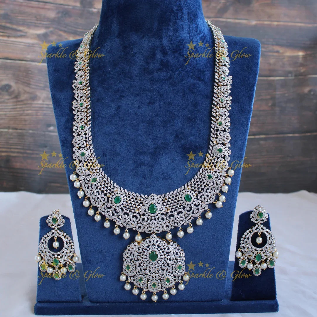 Stunning Floral leaf design American diamond long necklace with pealrs and emerald - green - Sparkle and Glow