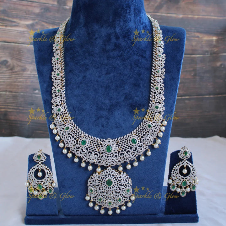 Stunning Floral leaf design American diamond long necklace with pealrs and emerald - green - Sparkle and Glow