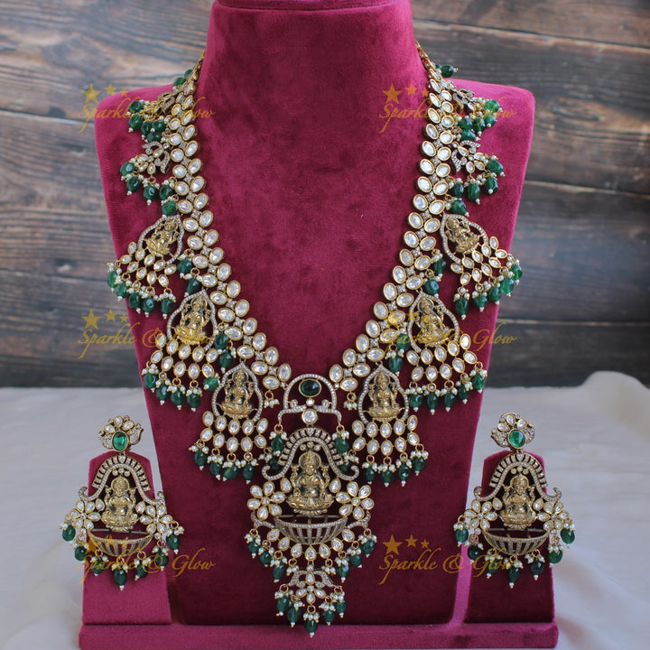 Exclusive grand Lakshmi carved Victorian AD long necklace with pearls and green beads