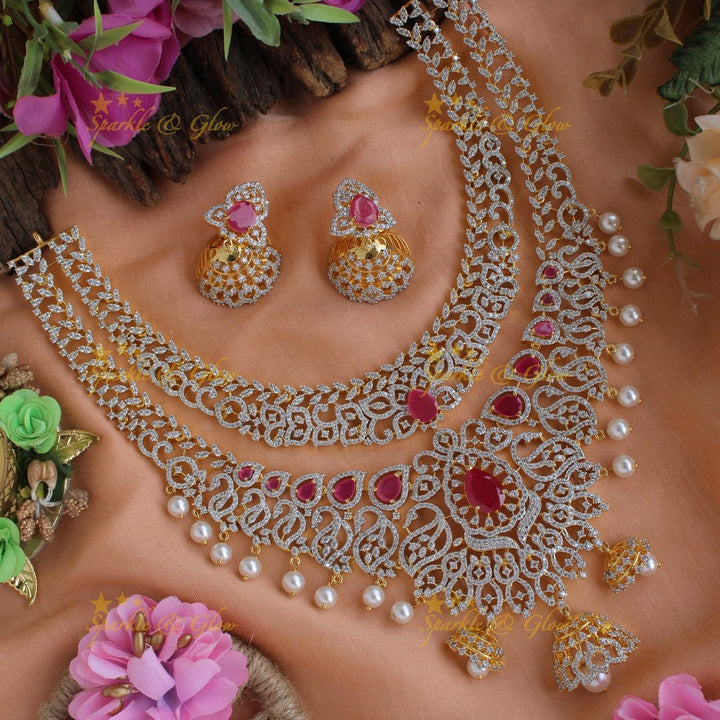 Statement floral and leaf design American diamond layer necklace with jhumuka drops pealrs and emerald - green - Sparkle and Glow - Pink - Back Thread