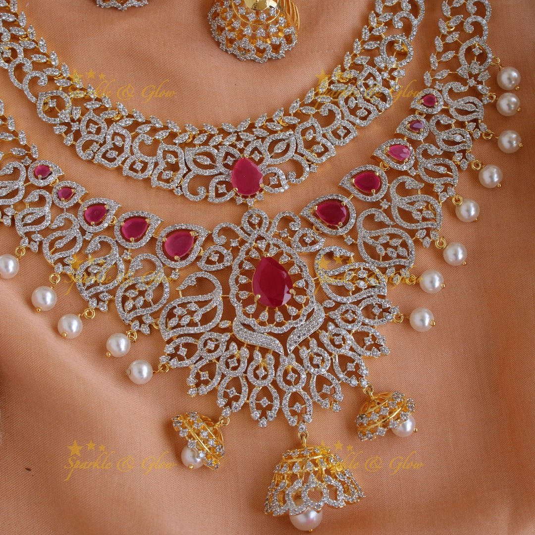 Statement floral and leaf design American diamond layer necklace with jhumuka drops pealrs and emerald - green - Sparkle and Glow - Pink - Back Thread