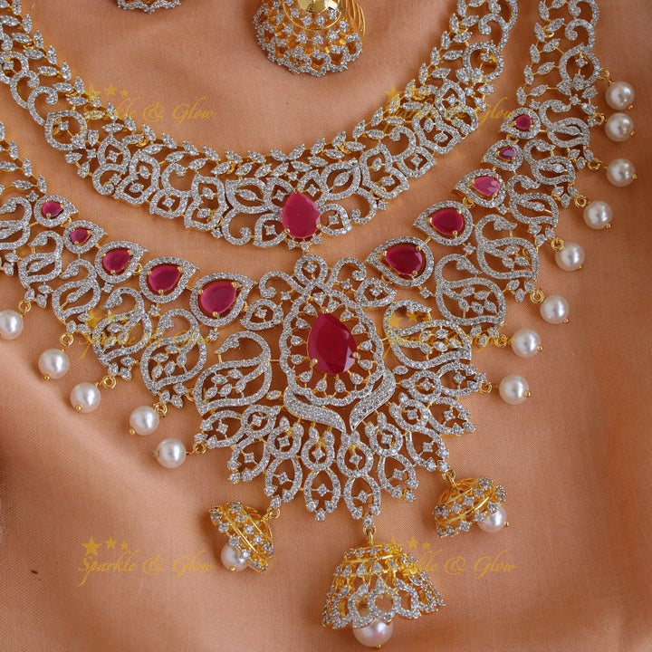 Statement floral and leaf design American diamond layer necklace with jhumuka drops pealrs and emerald - green - Sparkle and Glow - Pink - Back Thread