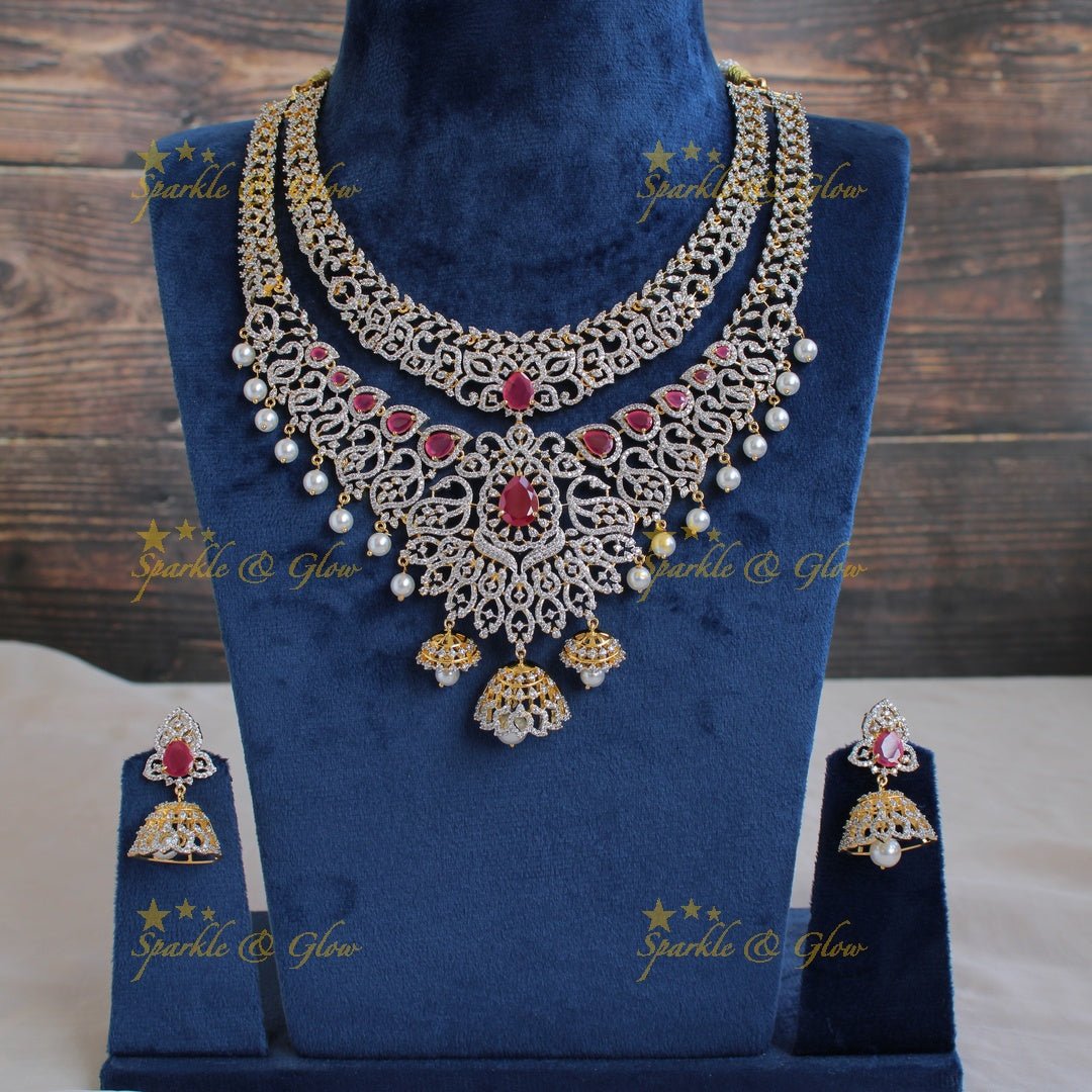 Statement floral and leaf design American diamond layer necklace with jhumuka drops pealrs and emerald - green - Sparkle and Glow - Green - Back Thread