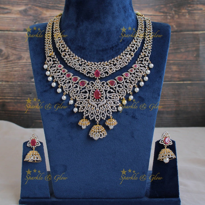 Statement floral and leaf design American diamond layer necklace with jhumuka drops pealrs and emerald - green - Sparkle and Glow - Green - Back Thread
