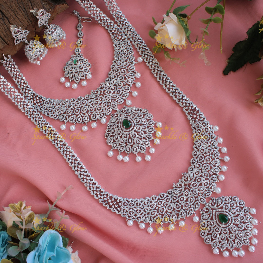 Gorgeous Peacock design American diamond silver poslish necklace set with maang tikka pealrs and emerald-green