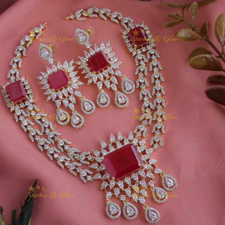 Stunning floral and water drop design American diamond short necklace with ruby - Sparkle and Glow - Back Thread - 