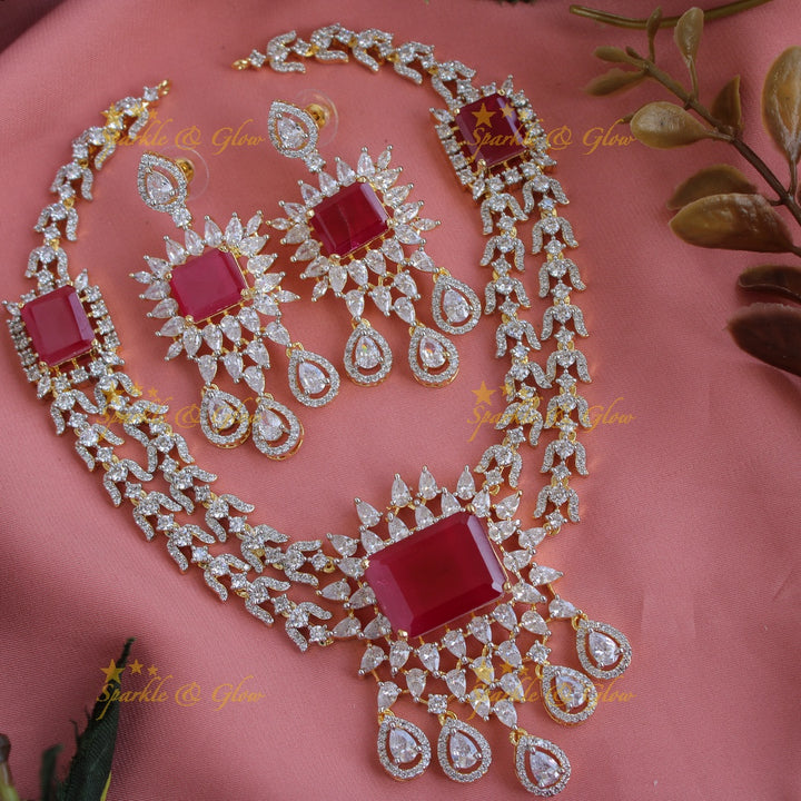 Stunning floral and water drop design American diamond short necklace with sapphire - blue