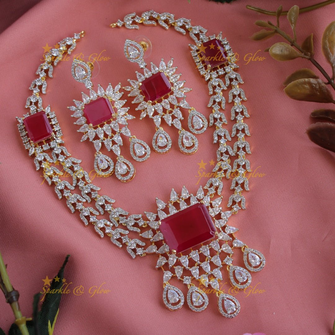 Stunning floral and water drop design American diamond short necklace with ruby - Sparkle and Glow - Back Thread - 