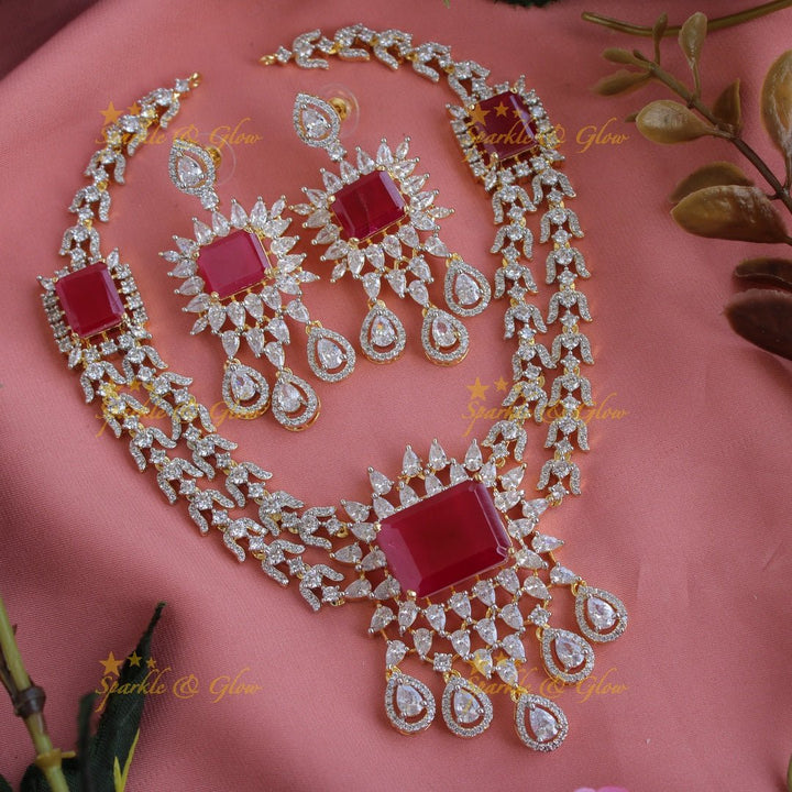 Stunning floral and water drop design American diamond short necklace with ruby - Sparkle and Glow - Back Thread - 