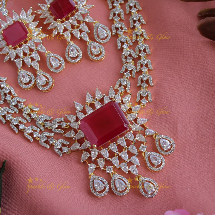 Stunning floral and water drop design American diamond short necklace with ruby - Sparkle and Glow - Back Thread - 