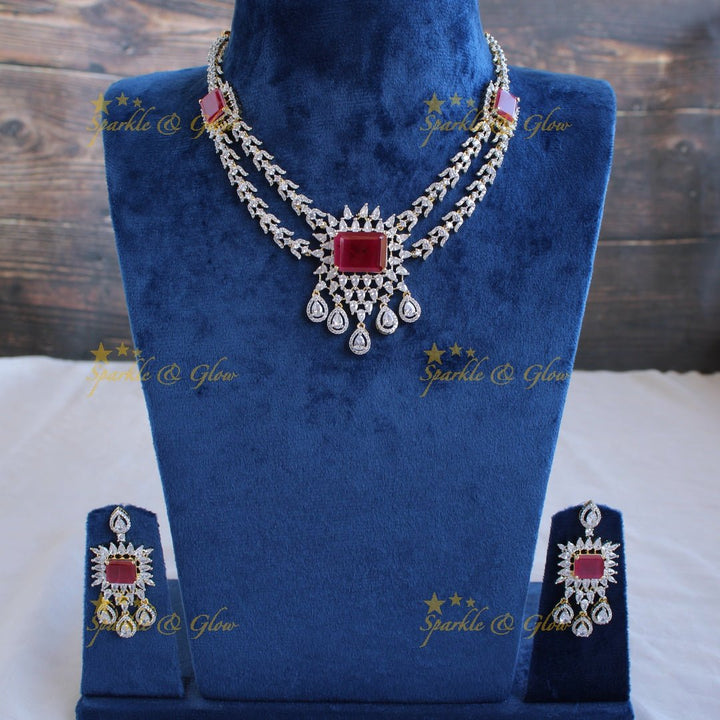 Stunning floral and water drop design American diamond short necklace with ruby - Sparkle and Glow - Back Thread - 