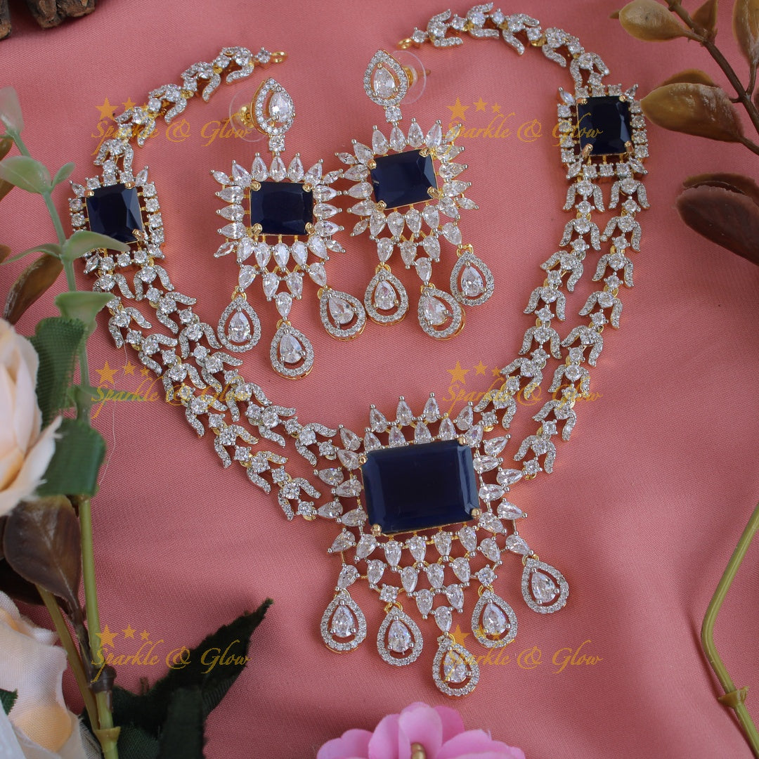 Stunning floral and water drop design American diamond short necklace with sapphire - blue