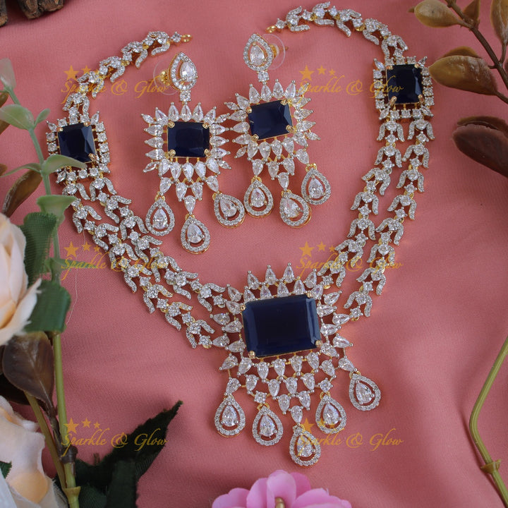 Stunning floral and water drop design American diamond short necklace with sapphire - blue