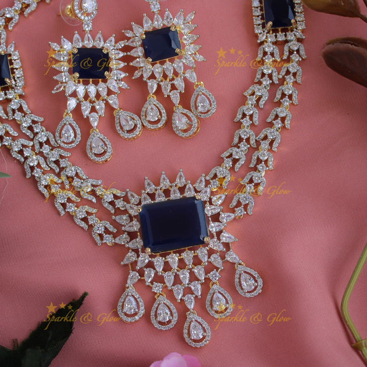 Stunning floral and water drop design American diamond short necklace with sapphire - blue