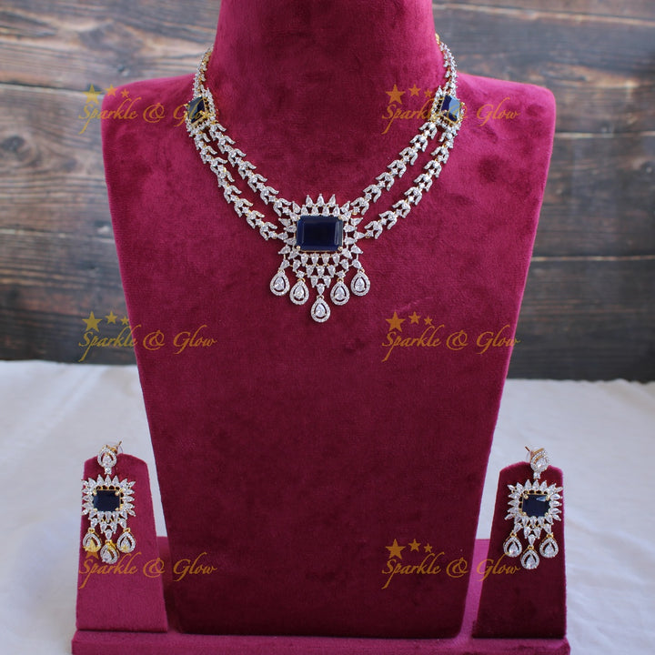 Stunning floral and water drop design American diamond short necklace with sapphire - blue