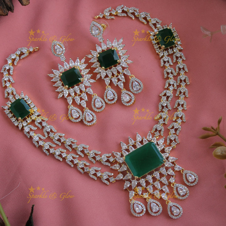 Stunning floral and water drop design American diamond short necklace with emerald - green