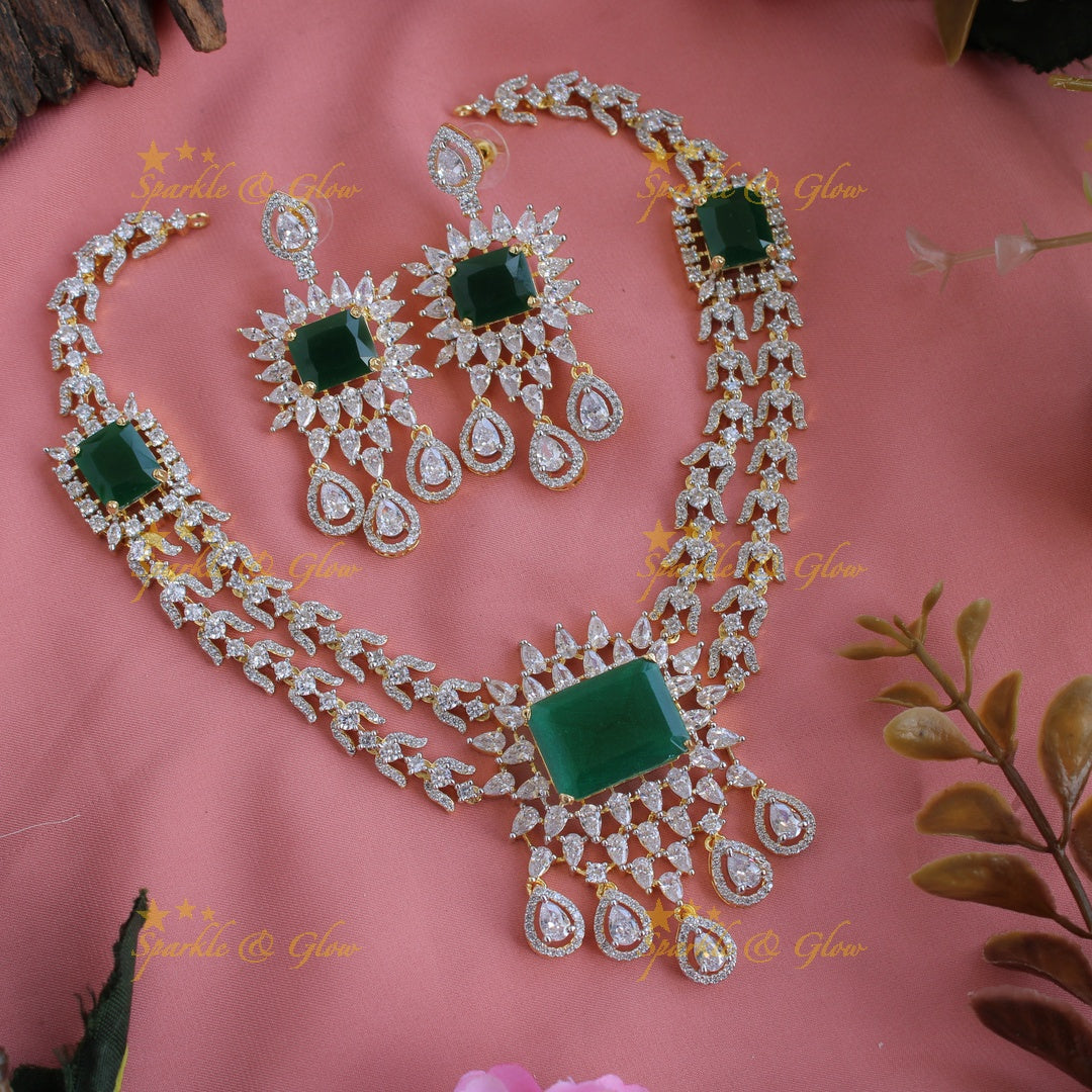 Stunning floral and water drop design American diamond short necklace with emerald - green
