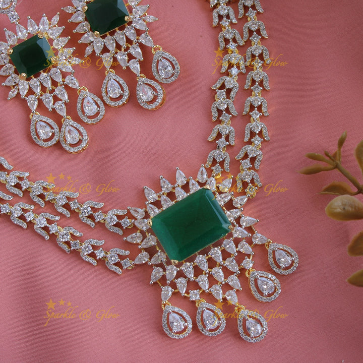 Stunning floral and water drop design American diamond short necklace with emerald - green