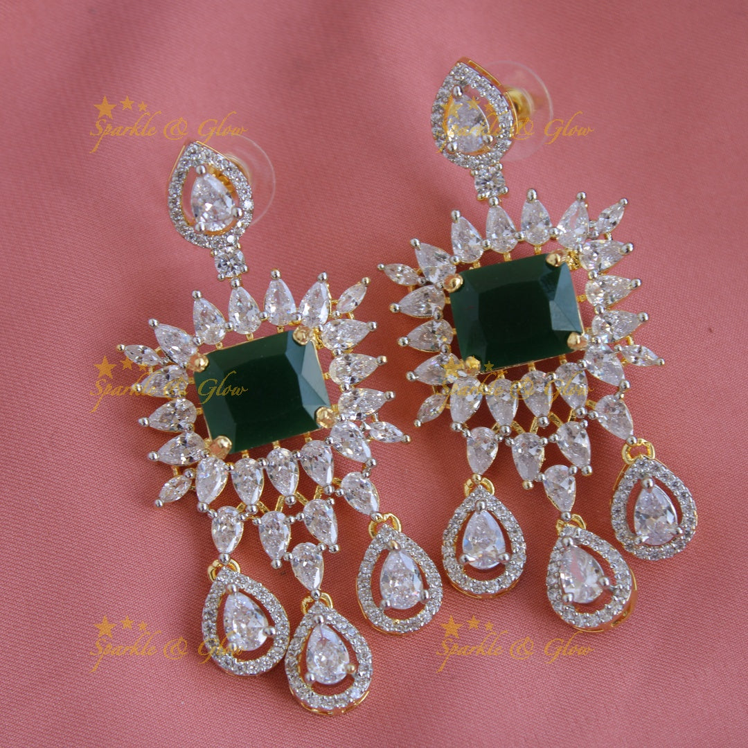 Stunning floral and water drop design American diamond short necklace with emerald - green