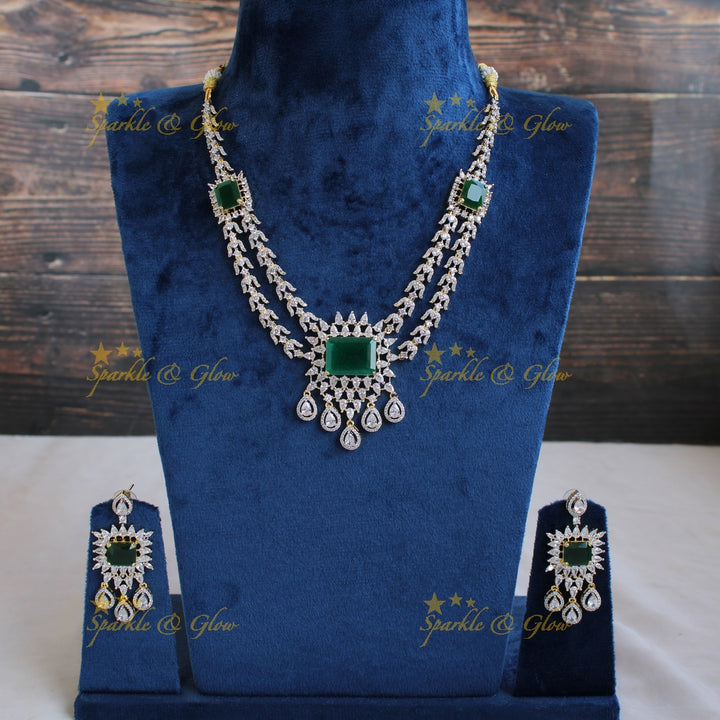 Stunning floral and water drop design American diamond short necklace with emerald - green