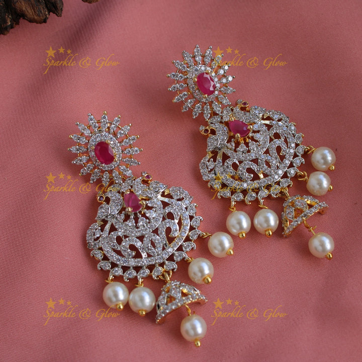 Gorgeous Peacock and floral design American diamond long necklace with pealrs and ruby