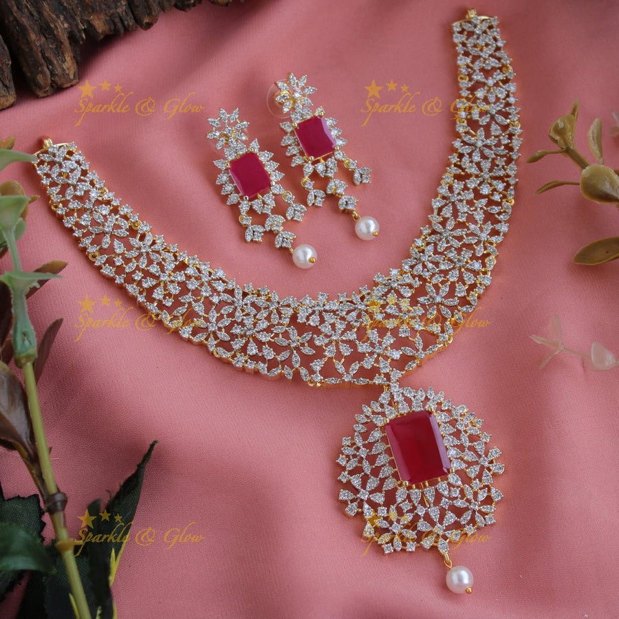 Exclusive floral design American diamond short necklace with ruby - Sparkle and Glow - Back Thread - 