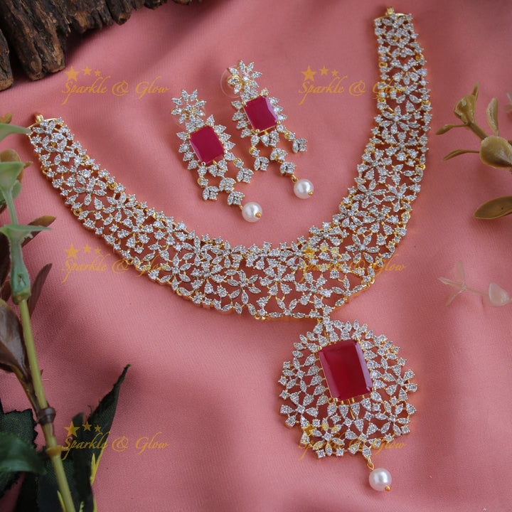 Exclusive floral design American diamond short necklace with emerald - green