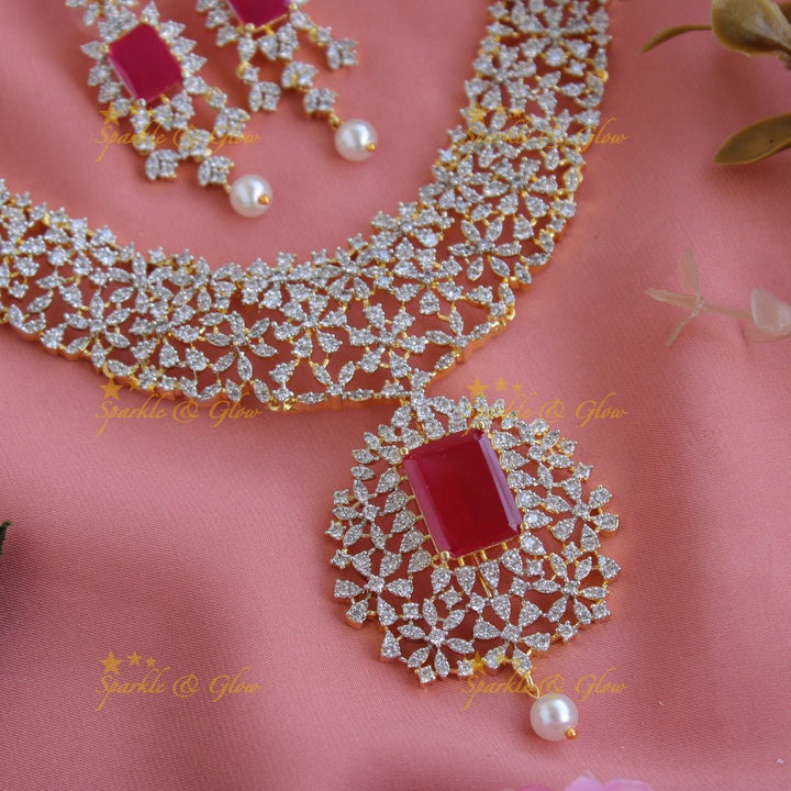 Exclusive floral design American diamond short necklace with ruby - Sparkle and Glow - Back Thread - 