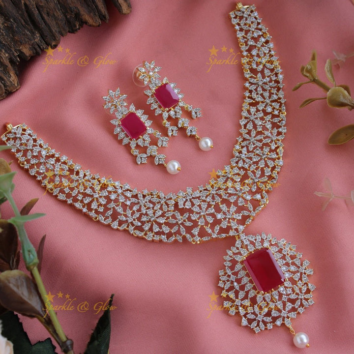Exclusive floral design American diamond short necklace with ruby - Sparkle and Glow - Back Thread - 