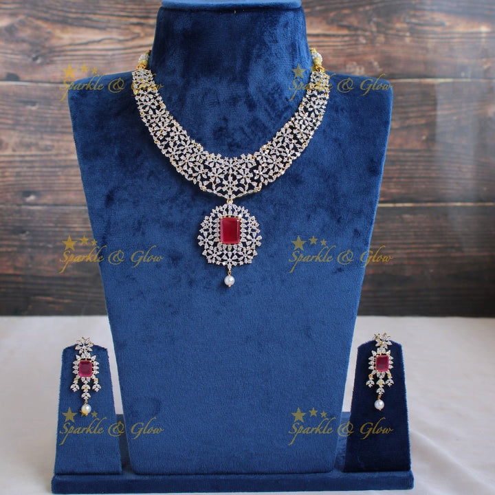 Exclusive floral design American diamond short necklace with ruby - Sparkle and Glow - Back Thread - 